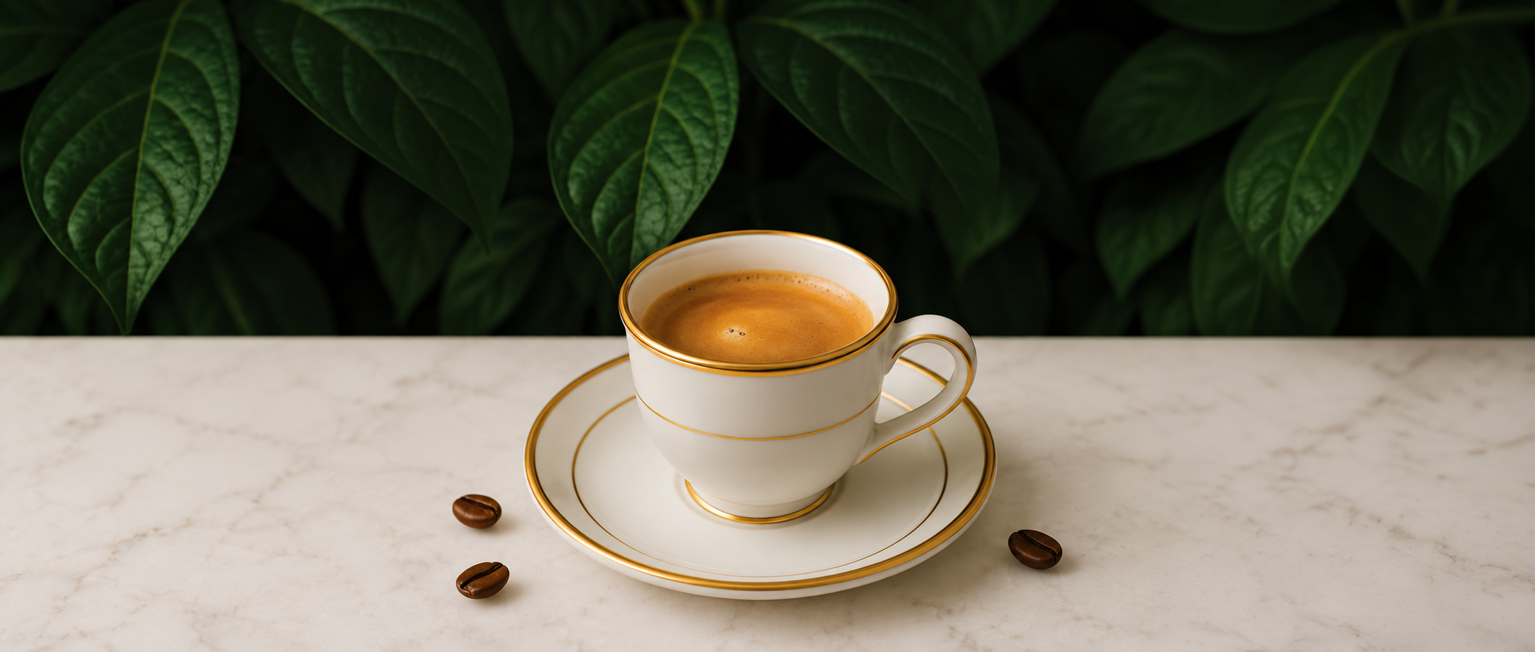 Coffee cup on marble with tropical foliage